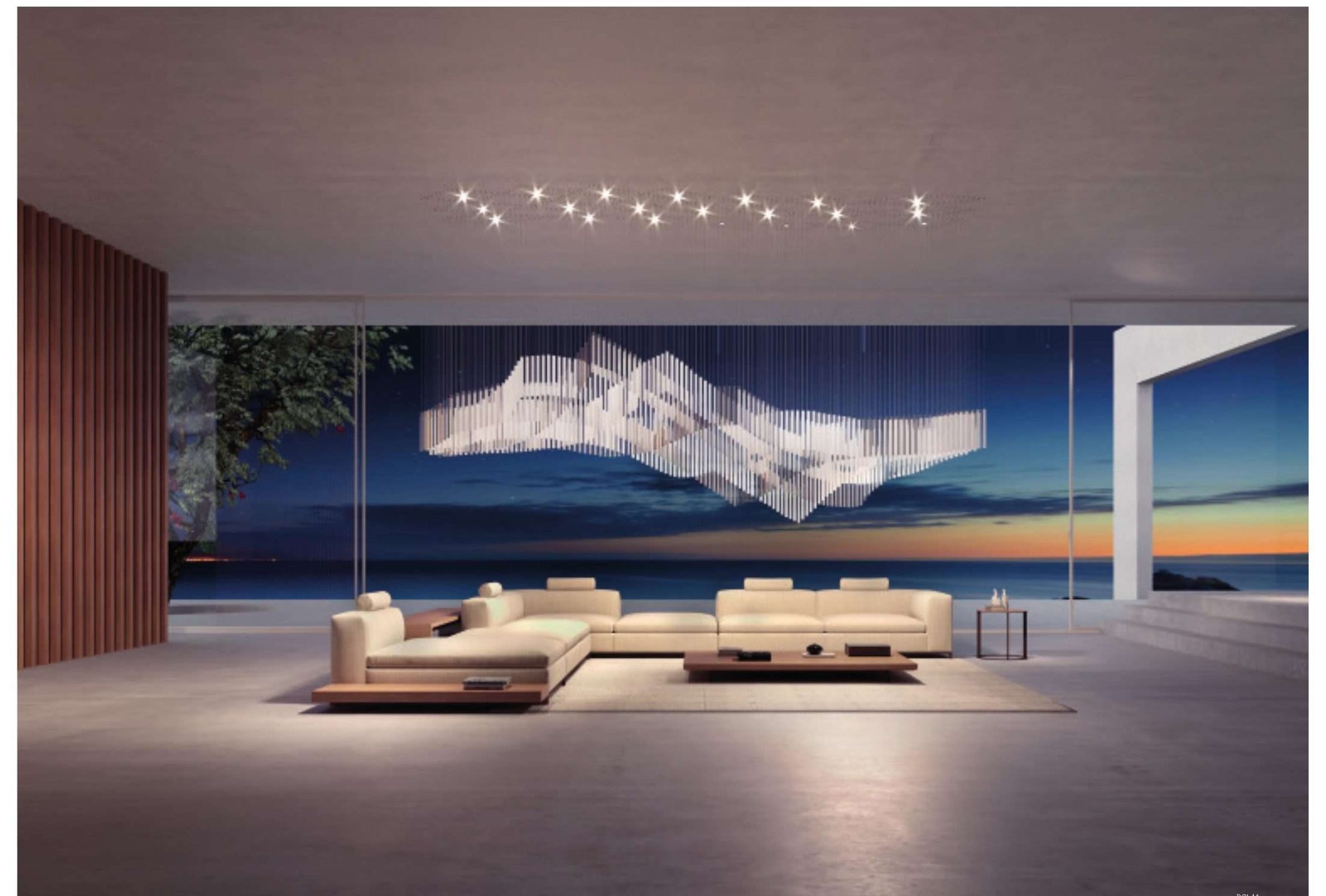 A bespoke TSK chandelier suspended in a double-height interior